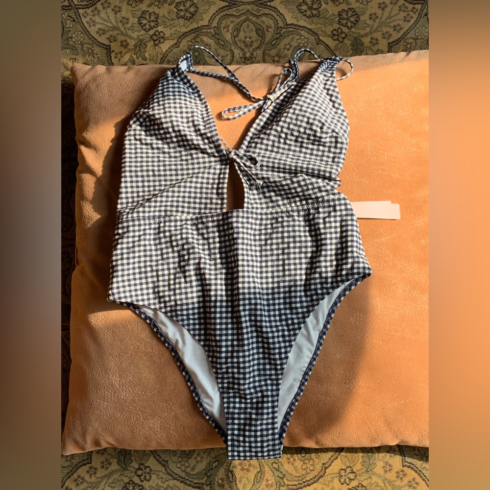 Victorias Secret Navy Gingham Plunge One-Piece Swimsuit Size M new with tags